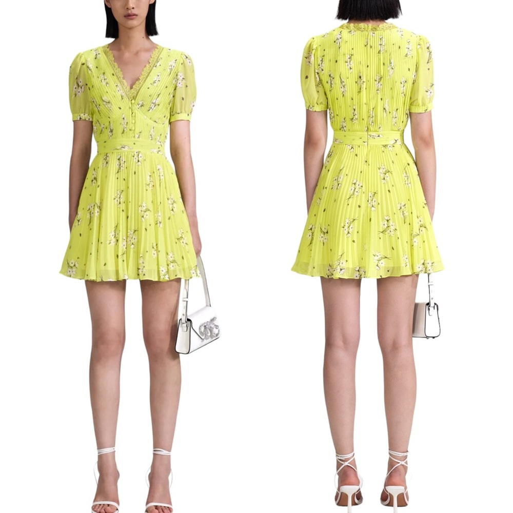 SELF-PORTRAIT LIME FLORAL CHIFFON PLEATED MINI DRESS SIZE 12 NEW